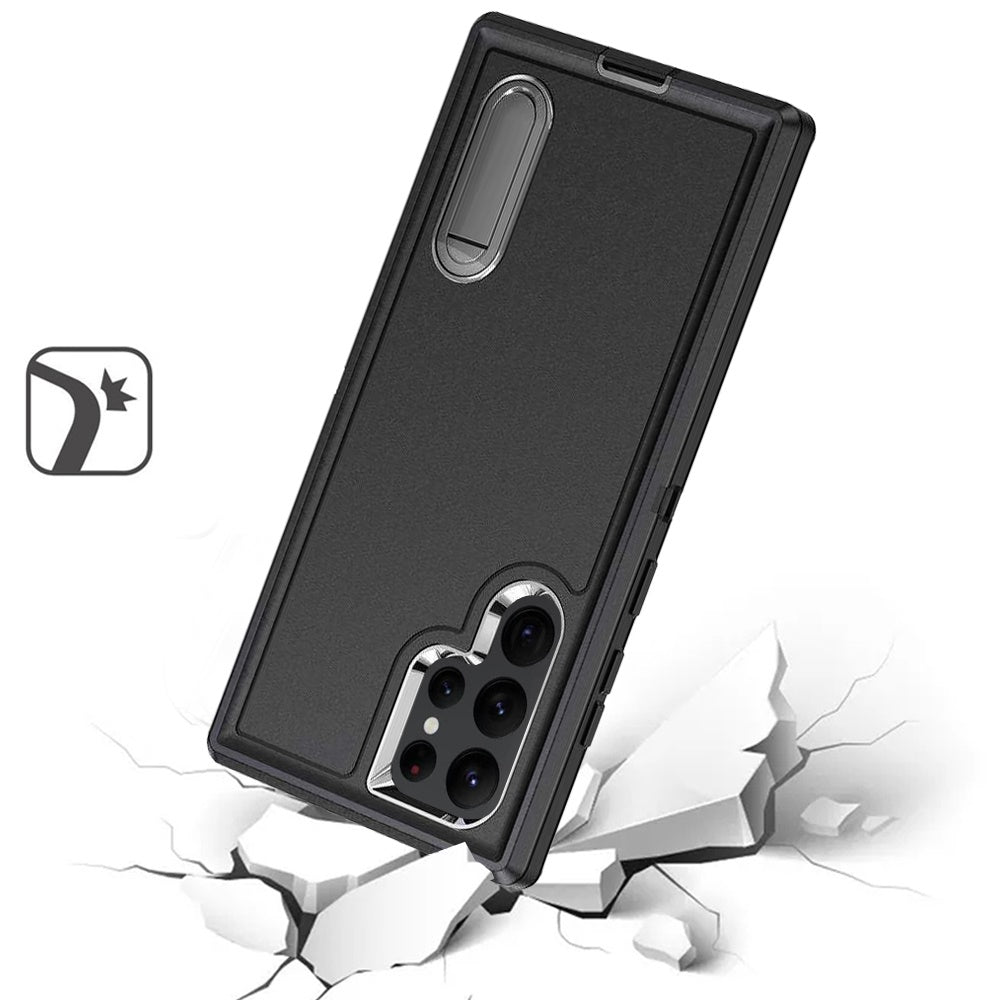 For Samsung Galaxy S23 Hybrid 3 Layers Hard 3in1 Shockproof with Kickstand Heavy Duty Hard TPU Rubber Anti-Drop Case Cover Black +Black