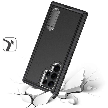 For Samsung Galaxy S23 Hybrid 3 Layers Hard 3in1 Shockproof with Kickstand Heavy Duty Hard TPU Rubber Anti-Drop Case Cover Black +Black