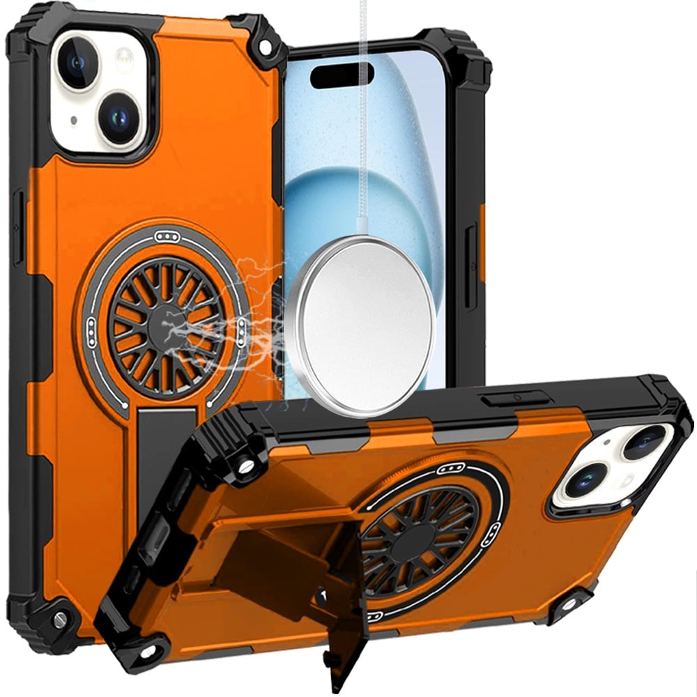For iPhone 15 Plus (6.7") Texture Design Invisible Kickstand Case, MagSafe Compatible Hybrid Shockproof Cover, Car Mount Friendly Case Cover Cosmic Orange
