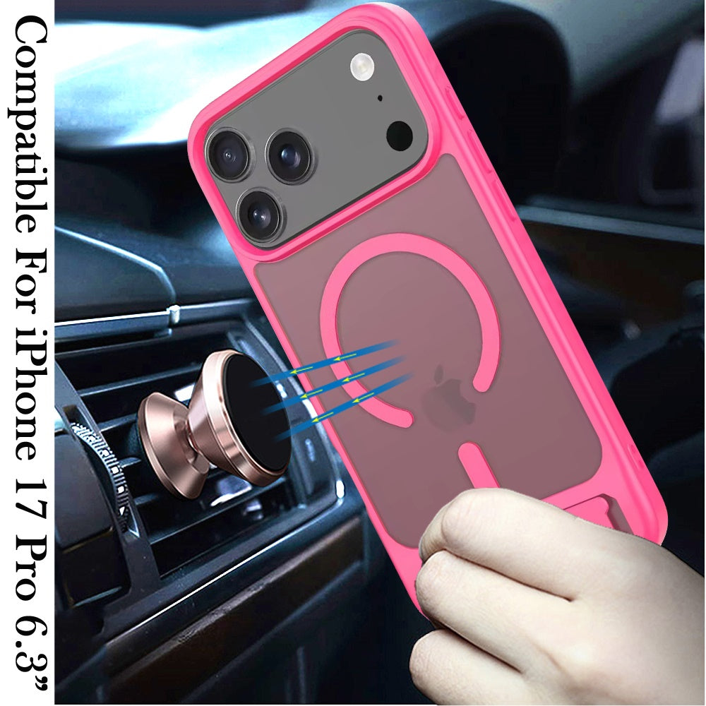 For Apple iPhone 17 Pro (6.3") Matte Magnetic Circle Back TPU Hybrid Drop Protection with Metal Kickstand Shockproof Design Case Cover