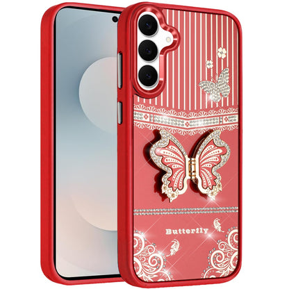 For Samsung Galaxy S25 FE /S25 Fan Edition Glitter 3D Butterfly Design Bling Metallic Edge Hybrid Stand Drop Protection TPU Shockproof Case Cover Red