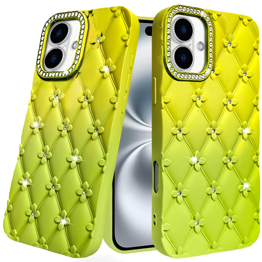 For iPhone 16 (6.1") Fashion Flower Design Sparkle Glitter Shimmer Rhinestone Bling Floral Accents, Leather Texture TPU Case Cover Light Green/Teal