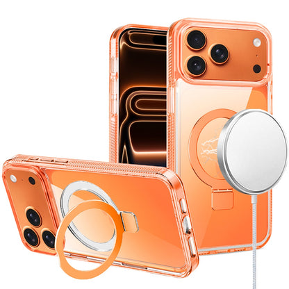 Phone Case for Apple iPhone 17 Pro Max (6.9") Transparent Dotted Edge Magnetic Ring Stand Shockproof Hybrid Grip Kickstand Clear Rugged Drop Protection Cover Cosmic Orange