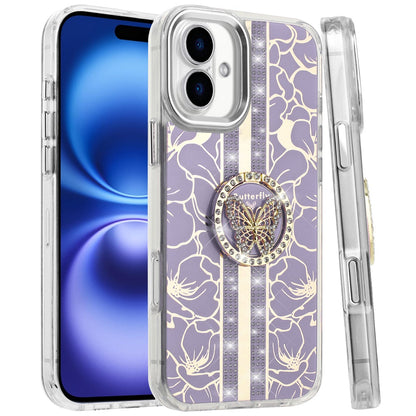 For Apple iPhone 17 (6.3") Diamonds 3D Butterfly Floral Design Bling Sparkly Glitter Hybrid Metal Fashion with Ring Stand Case Cover