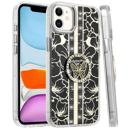 For Apple iPhone 11 Diamonds 3D Butterfly Floral Design Bling Sparkly Glitter Hybrid Metal Fashion with Ring Stand Case Cover