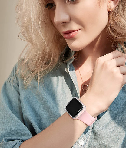 For Apple Watch Size 42mm Luxury Bling Cover Diamond Electroplate Rhinestone Bumper Protective Frame with Tempered Glass Screen Protector Case Cover