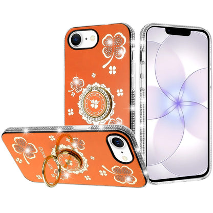 Phone Case for Apple iPhone 17E /16E Glitter Diamond Ring Stand Sparkle Rhinestone Edge AntiSlip Kickstand Luxury Fashion Bumper Shockproof Cover Cosmic Orange
