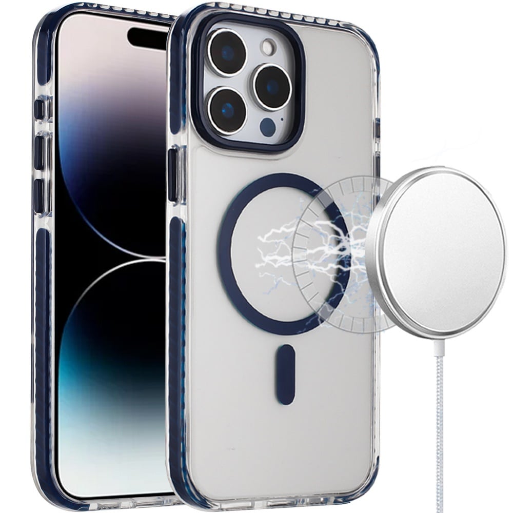 For iPhone 14 Pro Max (6.7") Transparent Hybrid with Color-Matched Magnetic Circle, Rubber TPU Frame Hard PC Shockproof Case Cover