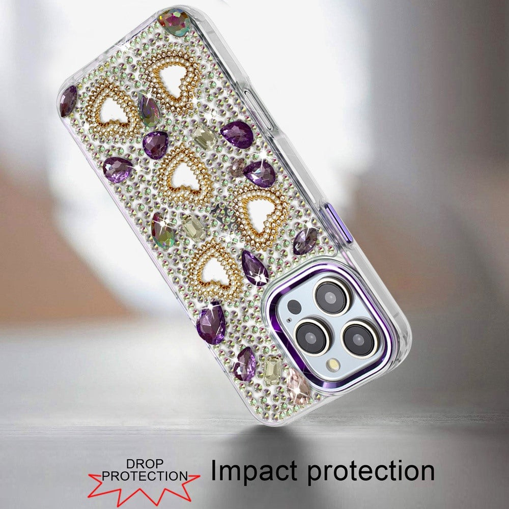 Phone Case for Apple iPhone 16 Pro Max Luxury Crystal Heart Rhinestone Diamond Bling Shockproof Hybrid Glitter Protective Stylish Durable Grip Cover Dark Purple