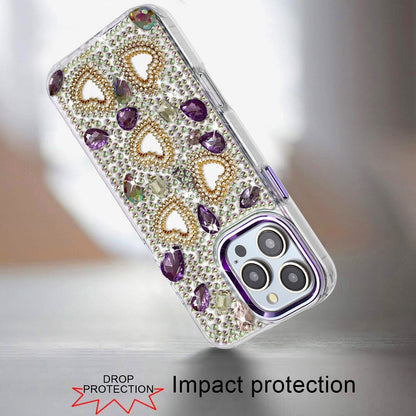 Phone Case for Apple iPhone 16 Pro Max Luxury Crystal Heart Rhinestone Diamond Bling Shockproof Hybrid Glitter Protective Stylish Durable Grip Cover Dark Purple