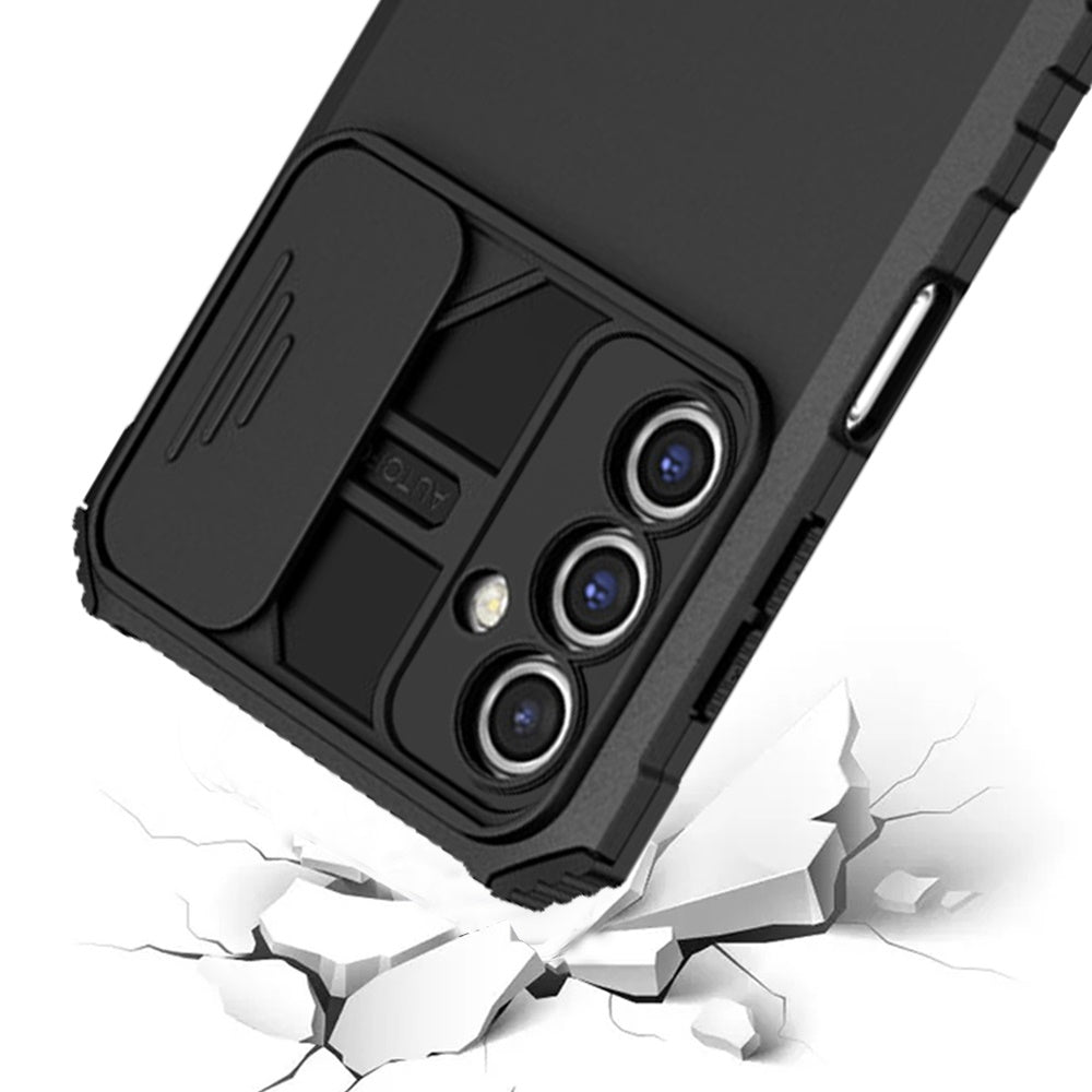 For Samsung Galaxy S24 FE Hybrid Hard PC & TPU Rubber Shockproof with Kickstand & Covered Camera Protection Case Cover Black