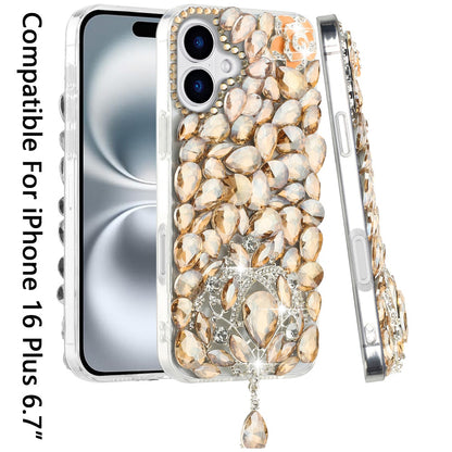 For Apple iPhone 16 Plus (6.7") Bling Crystal 3D Full Diamonds Jewelry Luxury Sparkle Rhinestone Glitter Hybrid Protective Case Cover