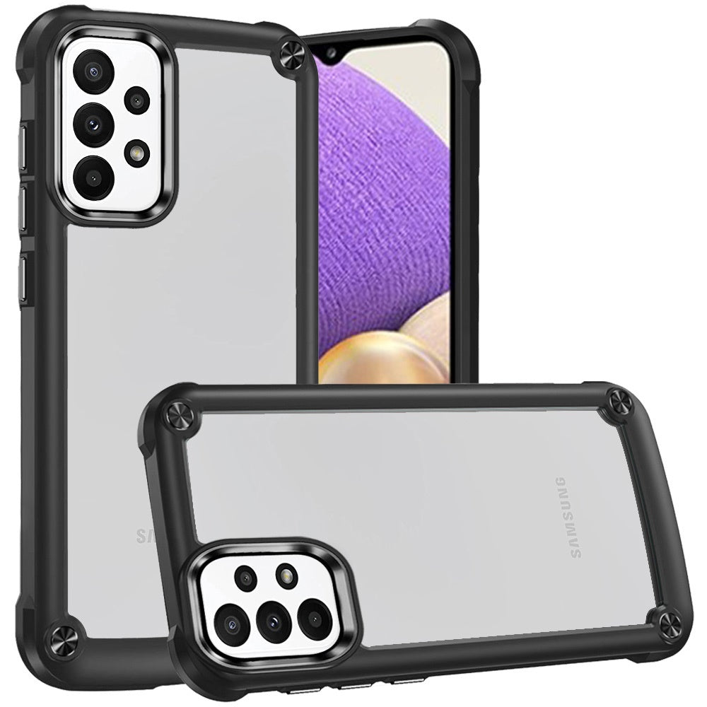 For Samsung Galaxy A32 5G Hybrid Transparent Rubber with Metal Buttons & Camera Edges Hard TPU Corner Frame Bumper Case Cover Black