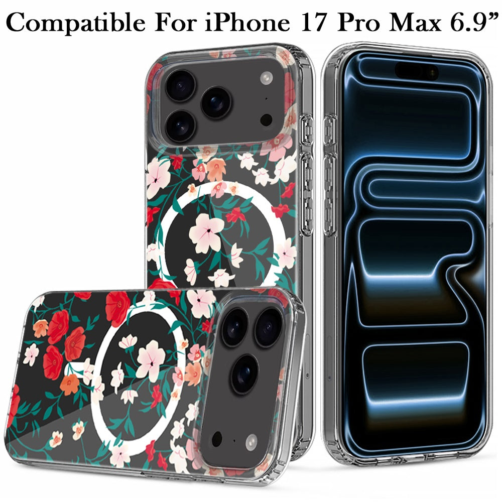 For Apple iPhone 17 Pro Max Hybrid Flower Design Stylish Fashion Case, MagSafe Compatible, Thick Shockproof Hard PC Case Cover