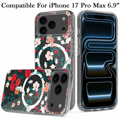 For Apple iPhone 17 Pro Max Hybrid Flower Design Stylish Fashion Case, MagSafe Compatible, Thick Shockproof Hard PC Case Cover