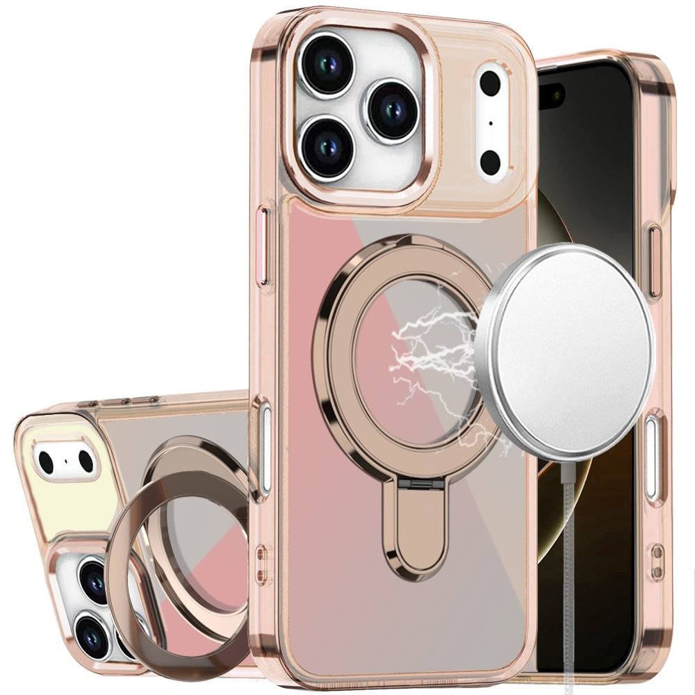 For Apple iPhone 17 Pro Chrome Hybrid with Rotating Magnetic Circle Ring Stand, Slim Shockproof Hybrid Case Cover