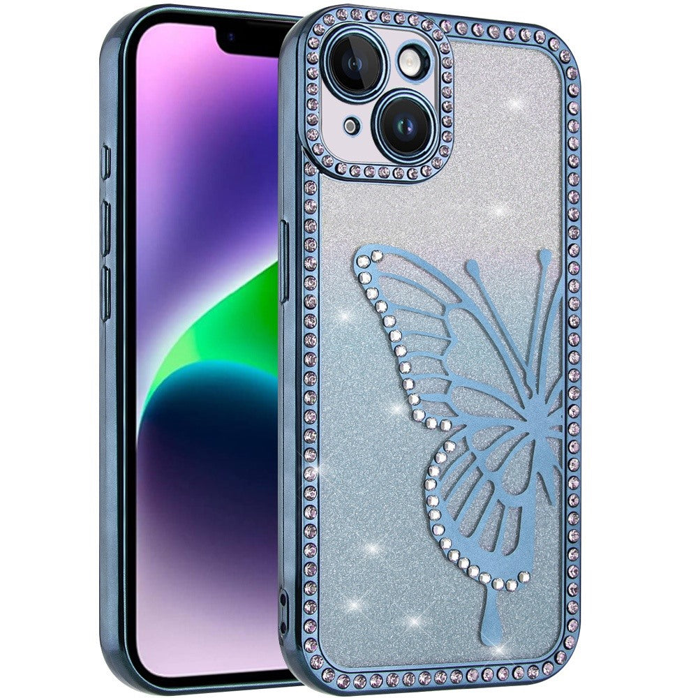 For Apple iPhone 17E /16E Butterfly Glitter Diamond Shimmer Hybrid Slim & Stylish Electroplated Sparkly Bling Shockproof TPU Protective Case Cover