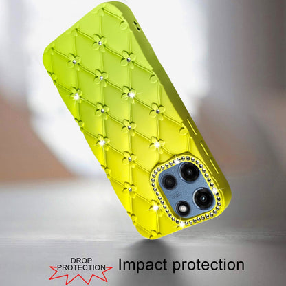 For Motorola Moto G Play 5G 2026 Fashion Flower Design Sparkle Glitter Shimmer Rhinestone Bling Floral Accents, Leather Texture TPU Case Cover Yellow/Green