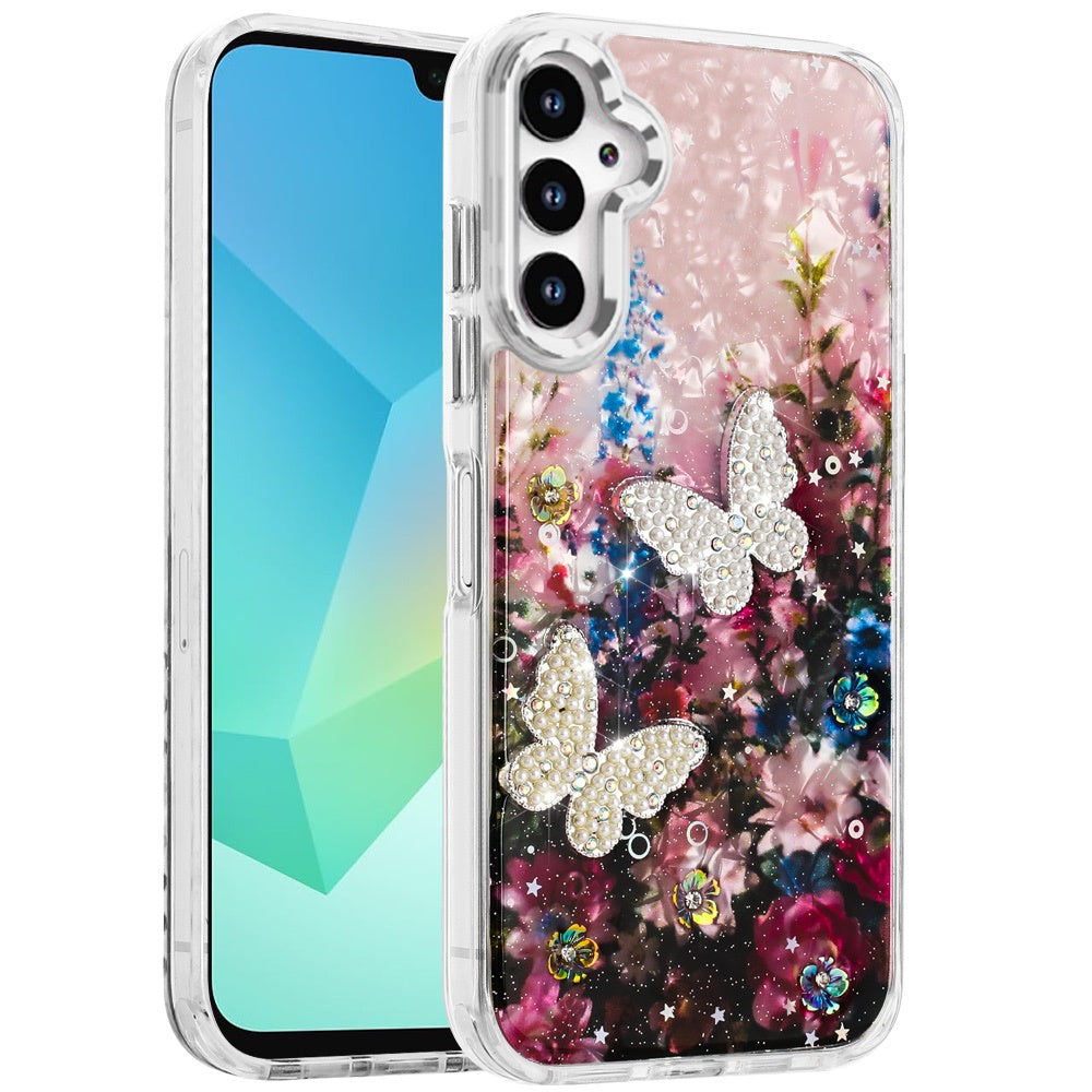 For Samsung Galaxy A36 Epoxy Glitter Flowers Bling 3D Butterfly Fashion TPU Hybrid with Shockproof Protection Case Cover