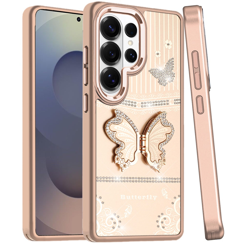 For Samsung Galaxy S25 Ultra Glitter 3D Butterfly Design Bling Metallic Edge Hybrid Stand Drop Protection TPU Shockproof Case Cover
