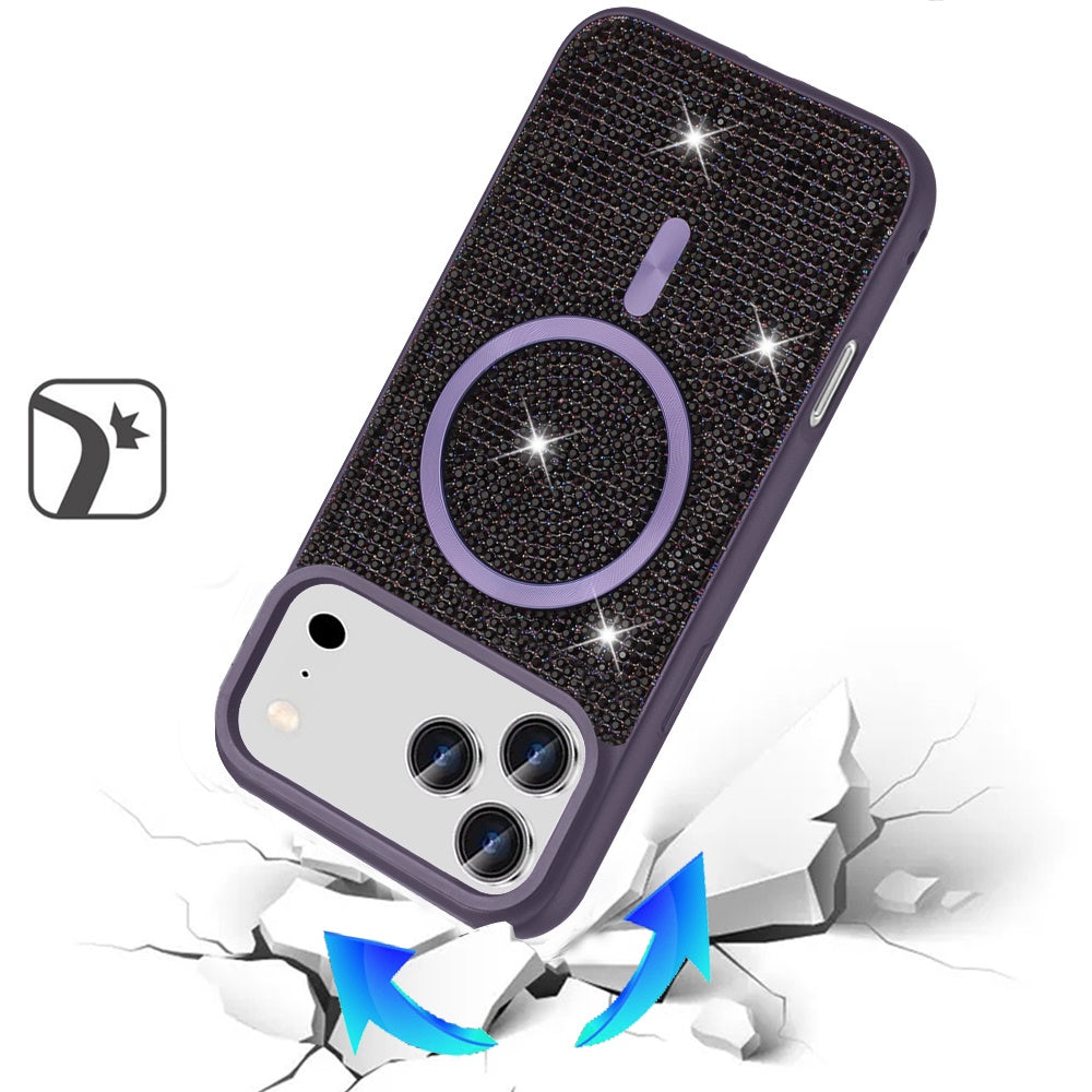 For Apple iPhone 17 Pro Max (6.9") Sparkly Diamond Bling Case Rhinestone Skin Hybrid with Magnetic Circle, MagSafe Compatible Case Cover Purple