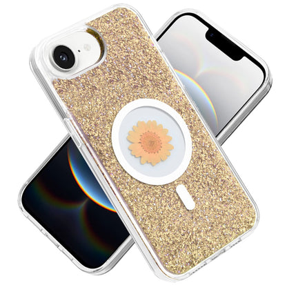 For Apple iPhone 17E /16E MagSafe Compatible Glitter Flower Epoxy Hybrid Slim TPU Case, Magnetic Circle Design, Sparkly Bling Protective Case Cover
