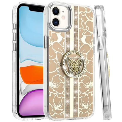 For Apple iPhone 11 Diamonds 3D Butterfly Floral Design Bling Sparkly Glitter Hybrid Metal Fashion with Ring Stand Case Cover