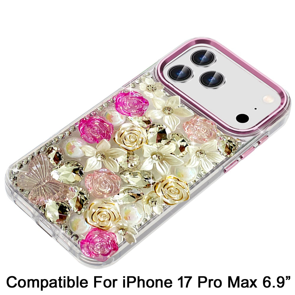 For Apple iPhone 17 Pro Max (6.9") 3D Diamond Floral Roses Flower Bling Stone Hybrid, Sparkly Rhinestone Gemstone Back Shockproof Case Cover