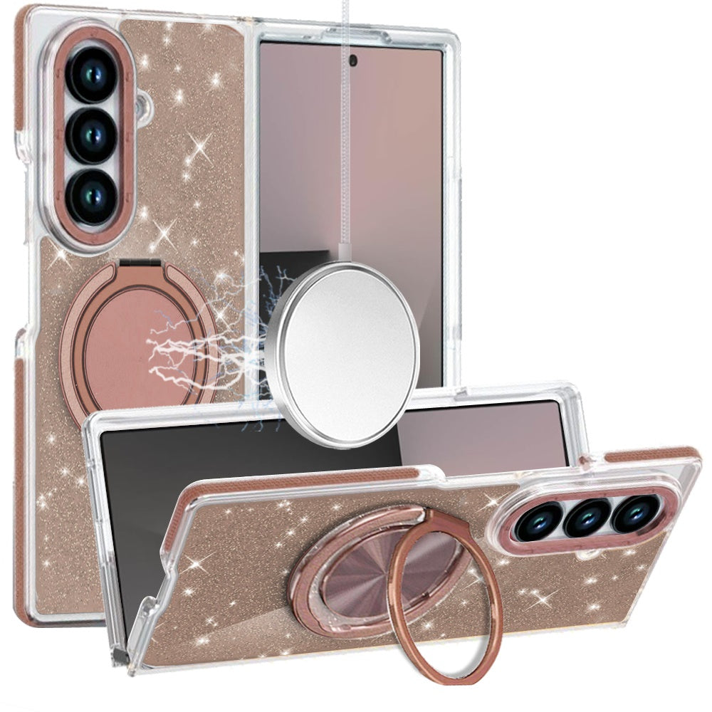 For Samsung Galaxy Z Fold 7 Slim Bling Glitter Sparkly Shimmer Hybrid with Magnetic Ring and 360° Rotational Stand [Compatible with Magsafe] Case Cover