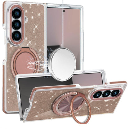 For Samsung Galaxy Z Fold 7 Slim Bling Glitter Sparkly Shimmer Hybrid with Magnetic Ring and 360° Rotational Stand [Compatible with Magsafe] Case Cover
