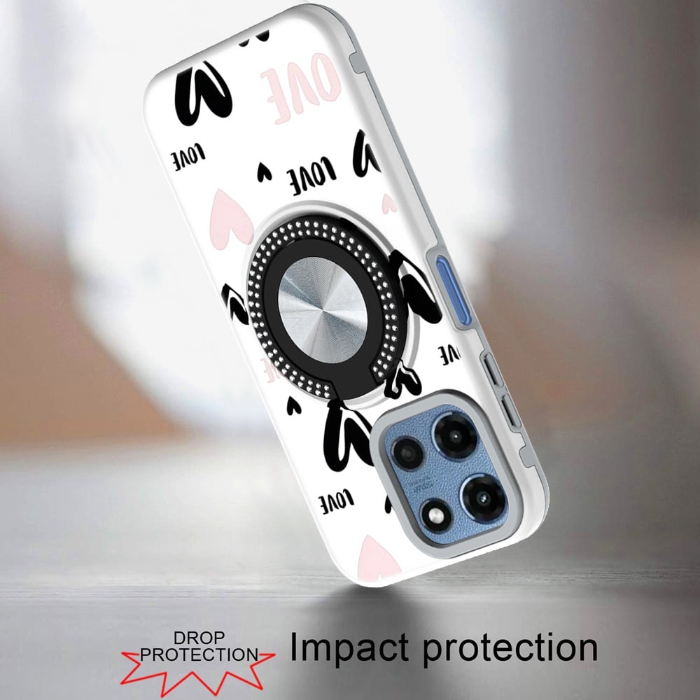 Phone Case for Motorola Moto G Play 5G 2026 Magnetic Ring Stand Matte Metal Hybrid Car Mount Friendly Shockproof Rotational Grip Diamond Design Pattern Cover Love Heart Love