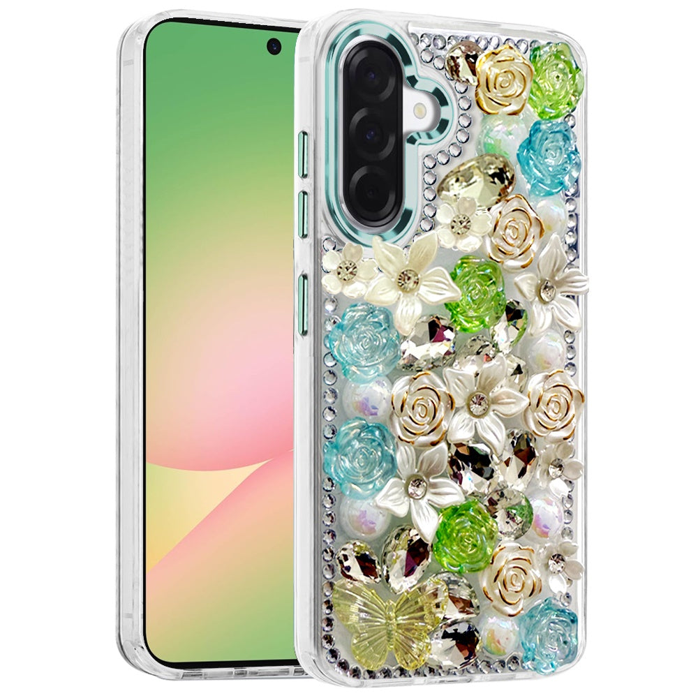 For Samsung Galaxy A57 3D Diamond Floral Roses Flower Bling Stone Hybrid, Sparkly Rhinestone Gemstone Back Shockproof Case Cover
