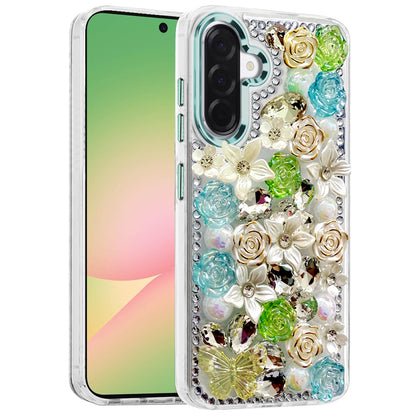 For Samsung Galaxy A57 3D Diamond Floral Roses Flower Bling Stone Hybrid, Sparkly Rhinestone Gemstone Back Shockproof Case Cover