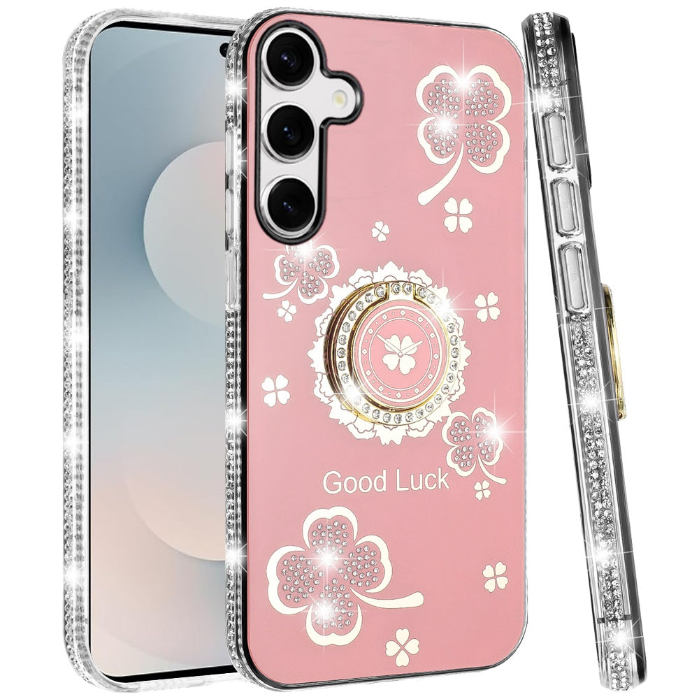 For Samsung Galaxy S26+ / S26 Plus Diamonds Bling All Around Edges Sparkly Glitter Hybrid with Ring Stand Holder Fashion Good Luck Case Cover