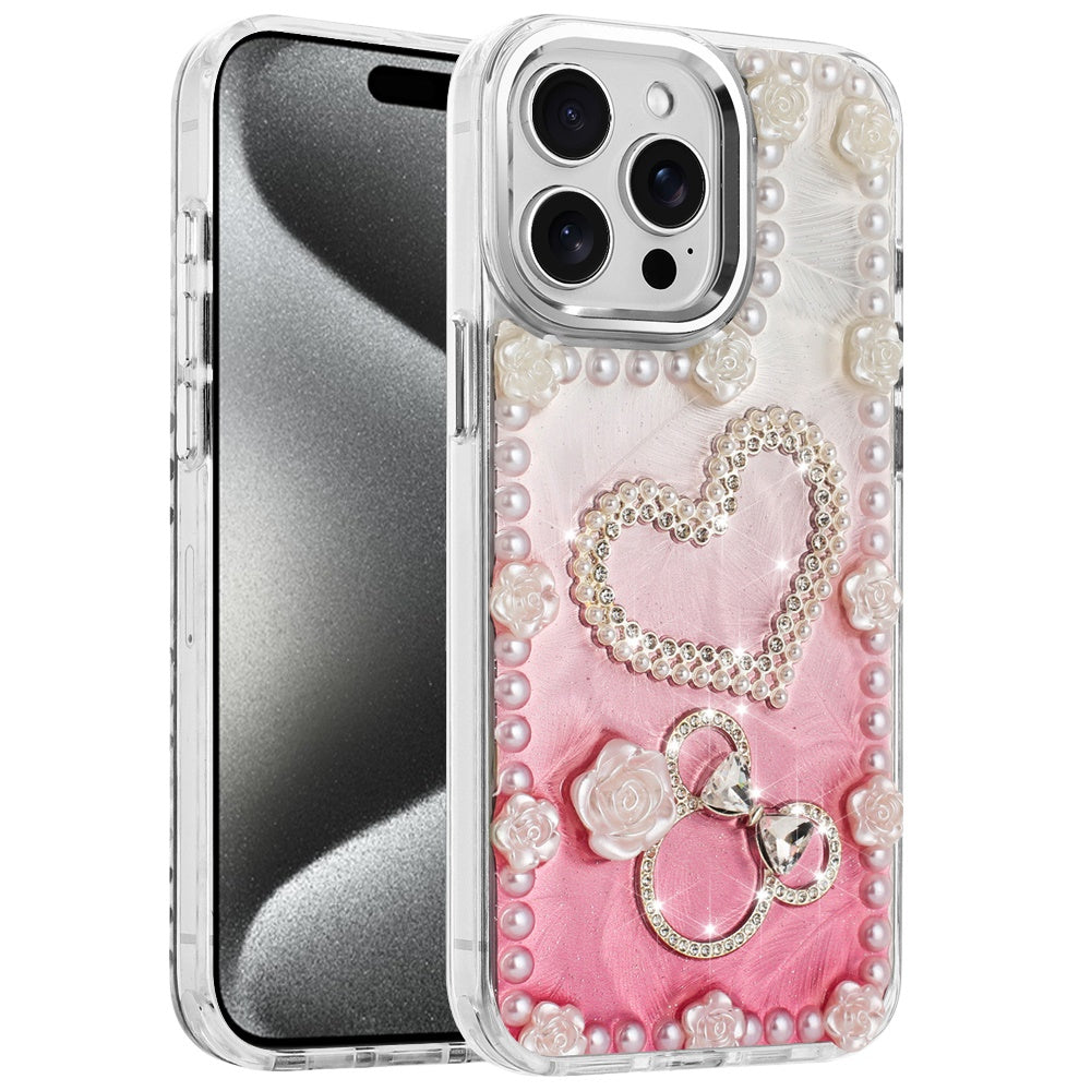 For Apple iPhone 13 Pro Max Bling Fashion Design with 3D Pearls Epoxy Glitter Ornaments Chrome Edge Hard Slim PC Case Cover