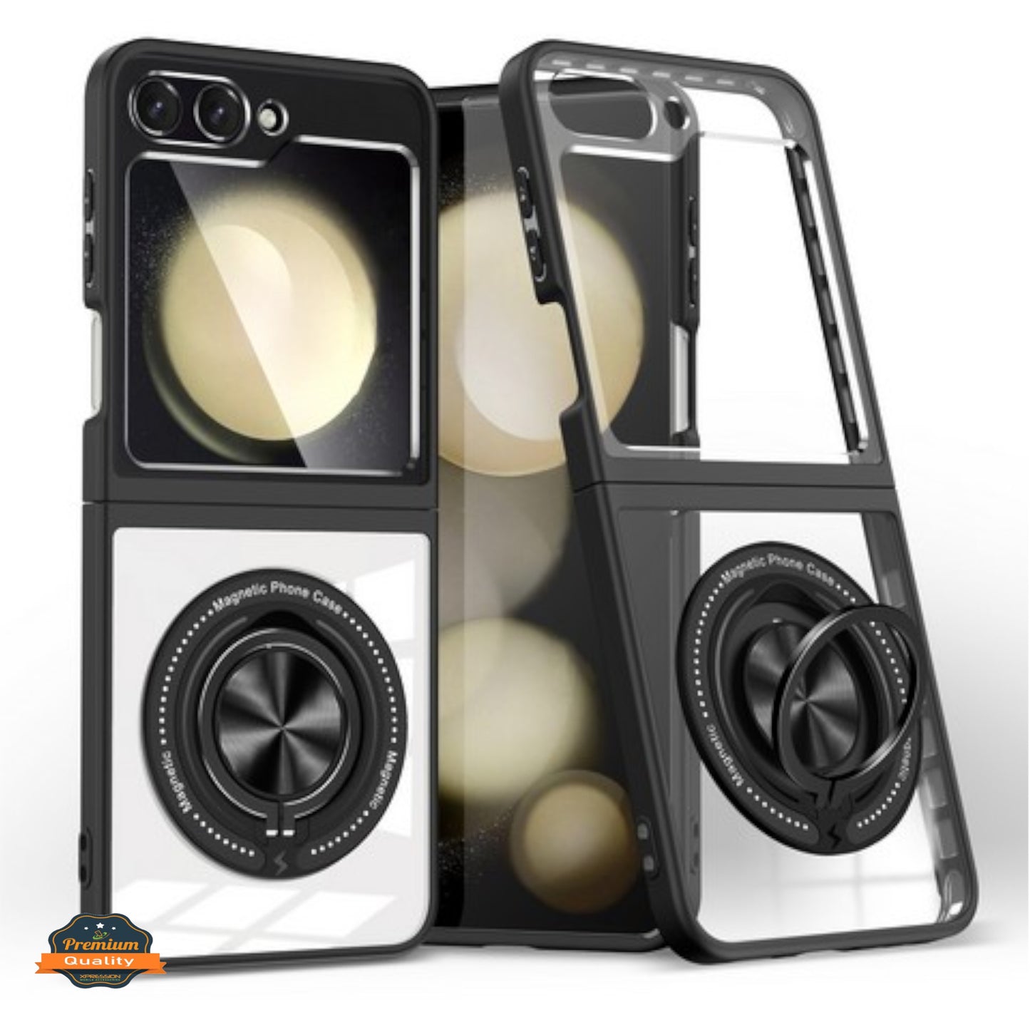 For Samsung Galaxy Z Flip 7 Clear Transparent Back Hybrid with Rotating Ring Stand, MagSafe Compatible Shockproof Slim TPU PC Case Cover