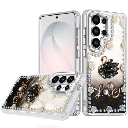 For Samsung Galaxy S26 Ultra Bling Fashion Design with 3D Pearls Epoxy Glitter Ornaments Chrome Edge Hard Slim PC Case Cover