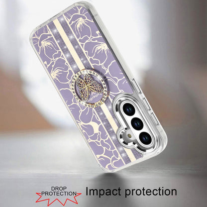 For Samsung Galaxy A36 Diamonds 3D Butterfly Floral Design Bling Sparkly Glitter Hybrid Metal Fashion with Ring Stand Case Cover