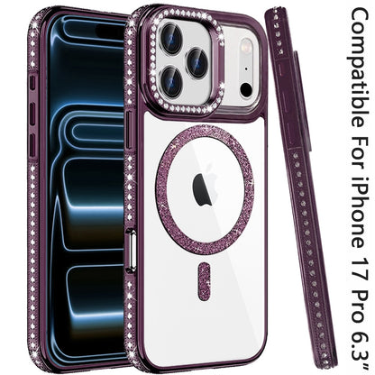 Phone Case for Apple iPhone 17 Pro Luxury Diamond Bling Edged Magnetic Glitter Shockproof Hybrid with Camera Kickstand Durable Grip Cover