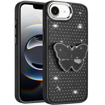 For Apple iPhone 16e Butterfly Moveable Grip 3D Pop Stand Full Diamond Bling Sparkling TPU Fashion Hybrid Case Cover