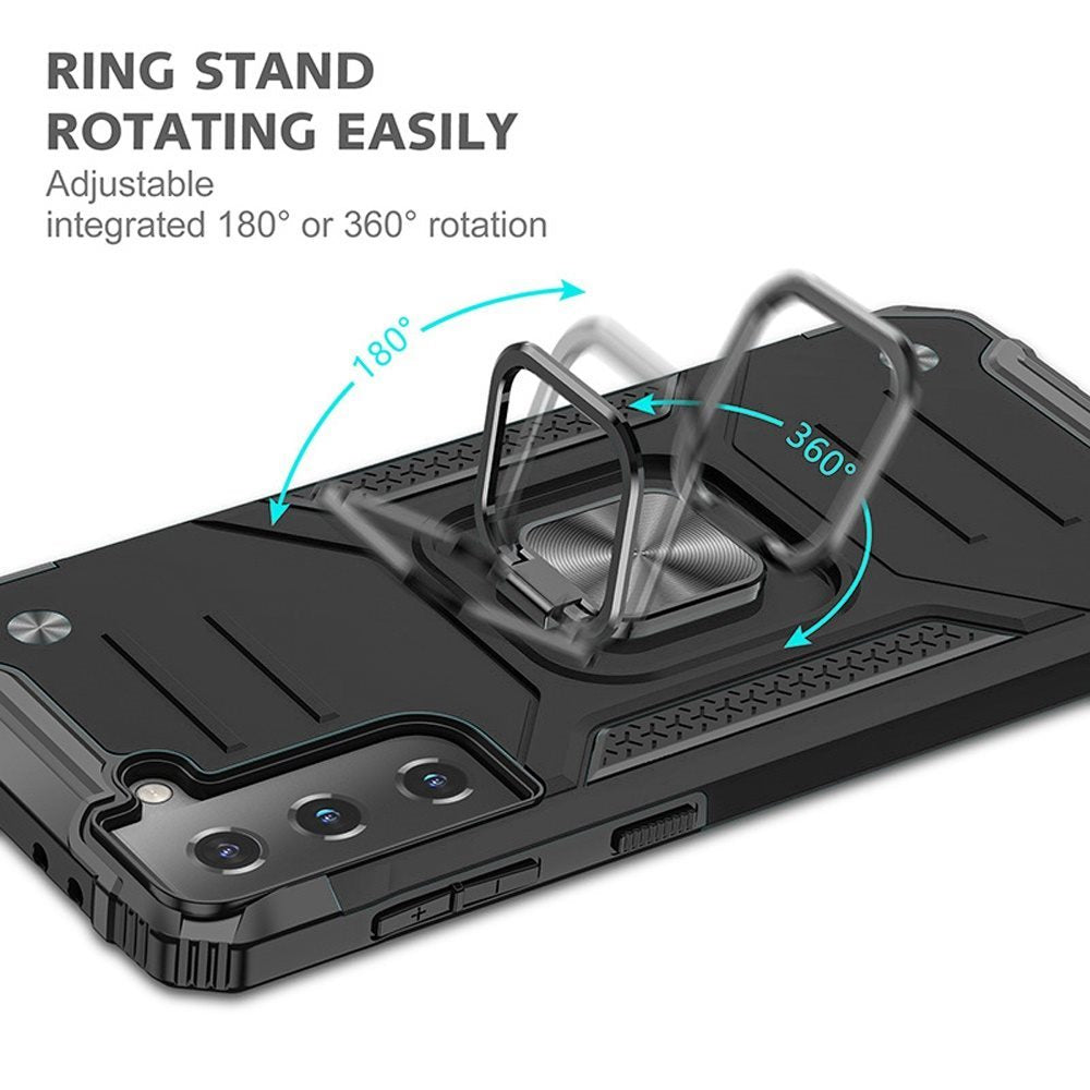 For Samsung Galaxy S21 FE /Fan Edition Armor Hybrid Magnetic Stand with Ring Holder Kickstand Shockproof Heavy-Duty Durable Rugged TPU Dual Layer Case Cover Black