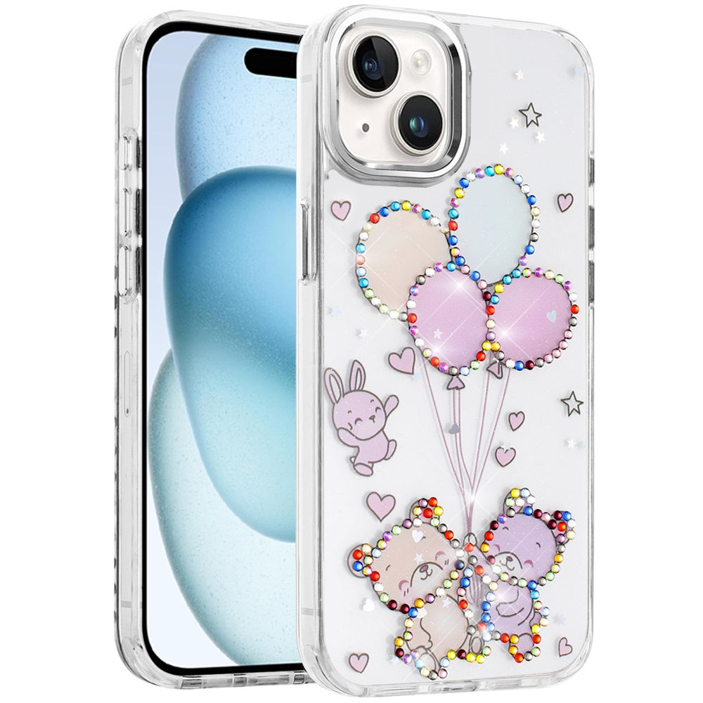 For iPhone 15 (6.1") Butterfly Resin Epoxy Diamond Design Metal Edged Hybrid Shockproof Heavy Duty Drop Protection Case Cover