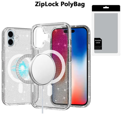 For iPhone 16 (6.1") MagSafe Compatible Glitter Sparkle Bling Hybrid Case with Magnetic Circle, Slim TPU & Hard PC Frame Case Cover Clear