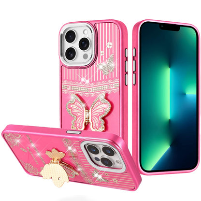 For Apple iPhone 13 Pro Max Glitter 3D Butterfly Design Bling Metallic Edge Hybrid Stand Drop Protection TPU Shockproof Case Cover Dark Purple