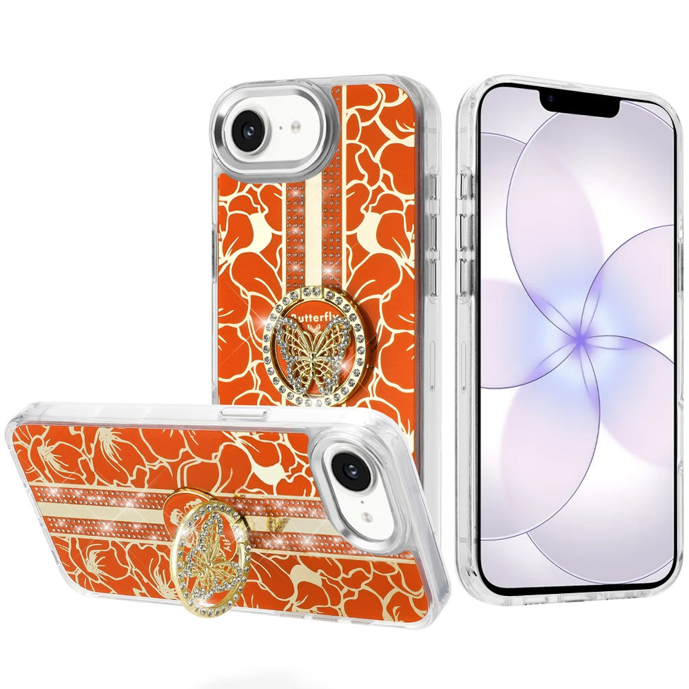 Phone Case for Apple iPhone 17E /16E Floral Butterfly Ring Stand Glitter Bling Shockproof Hybrid Luxury Fashion Protective Anti Slip Durable Grip Cover Cosmic Orange