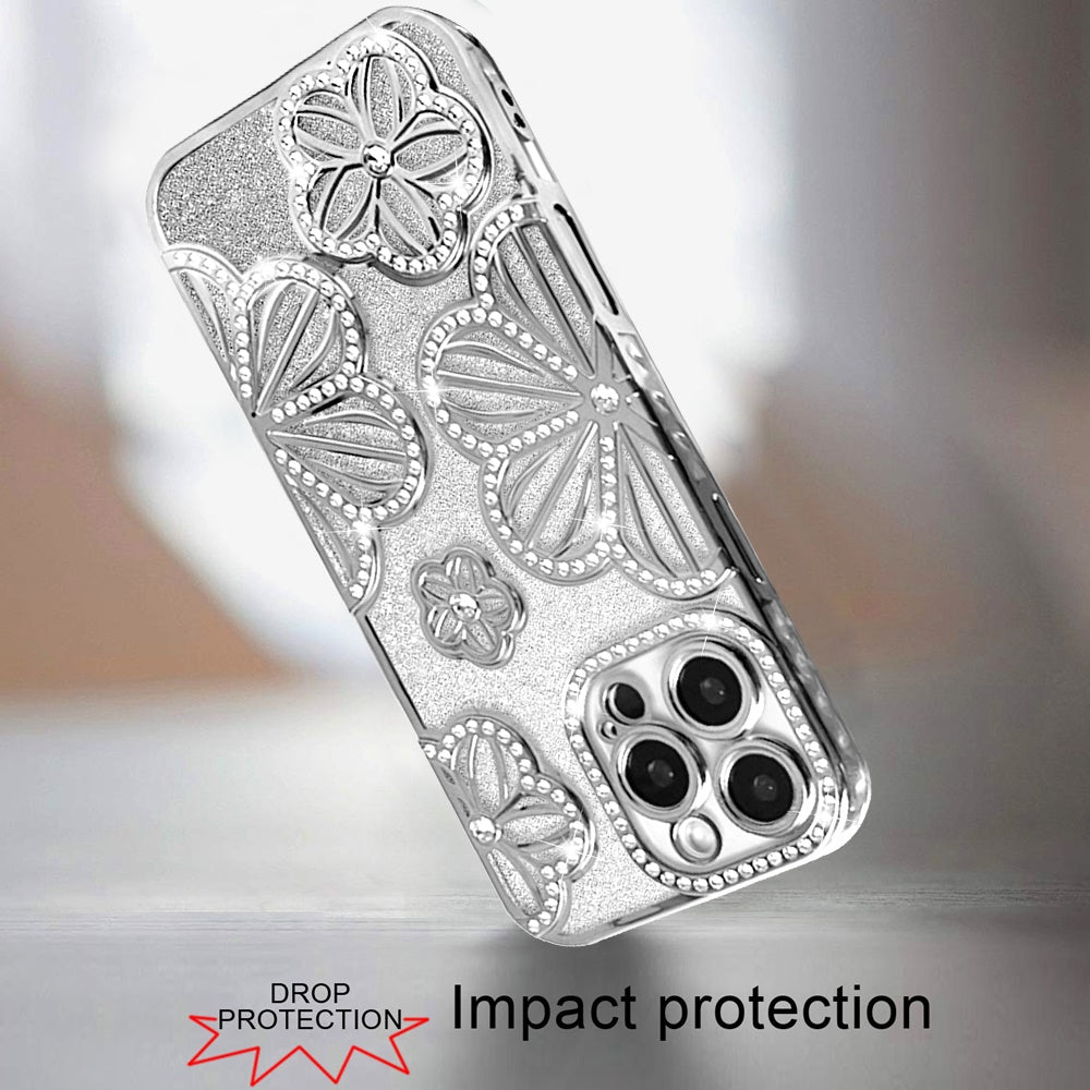 For iPhone 16 Pro Max (6.9") Luxury Flower Design Sparkle Glitter Diamond Rhinestone Shimmer Bling Plating Thick TPU Hard PC Case Cover