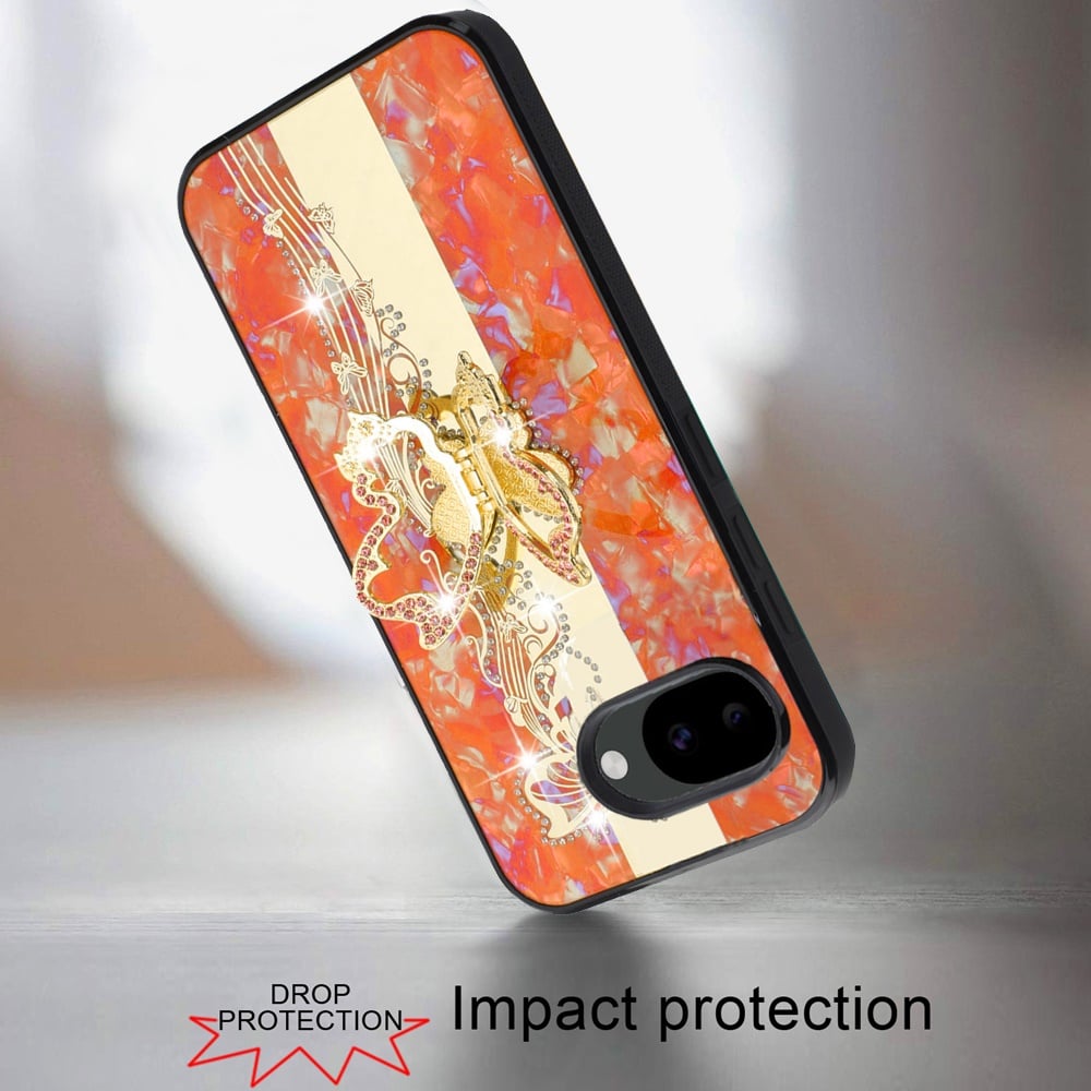 Phone Case for Google Pixel 10A Diamond 3D Fashion Floral Glitter Engraved Luxury Bling Hybrid Shockproof Chrome Edge Protective Grip Cover Enchanted Butterfly Cosmic Orange