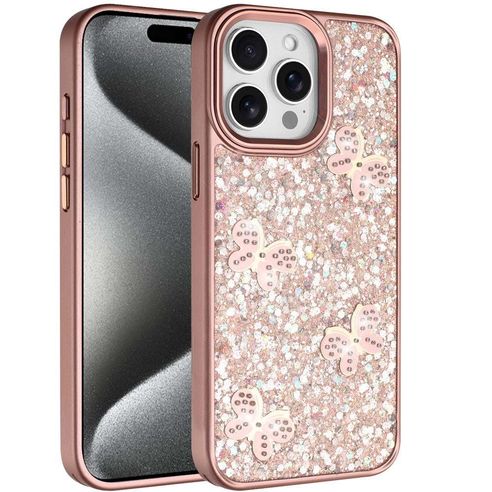 For Apple iPhone 15 Pro Max Cute Butterfly Crystal Diamond Glitter Case Sparkle Bling Frame Metallic Edges, Shimmer TPU Hybrid Case Cover