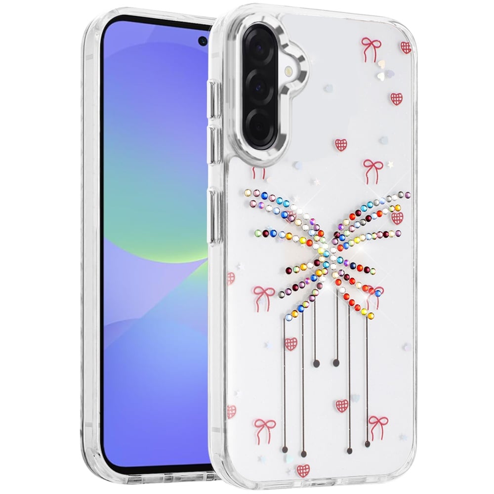 For Samsung Galaxy A36 Butterfly Resin Epoxy Diamond Design Metal Edged Hybrid Shockproof Heavy Duty Drop Protection Case Cover