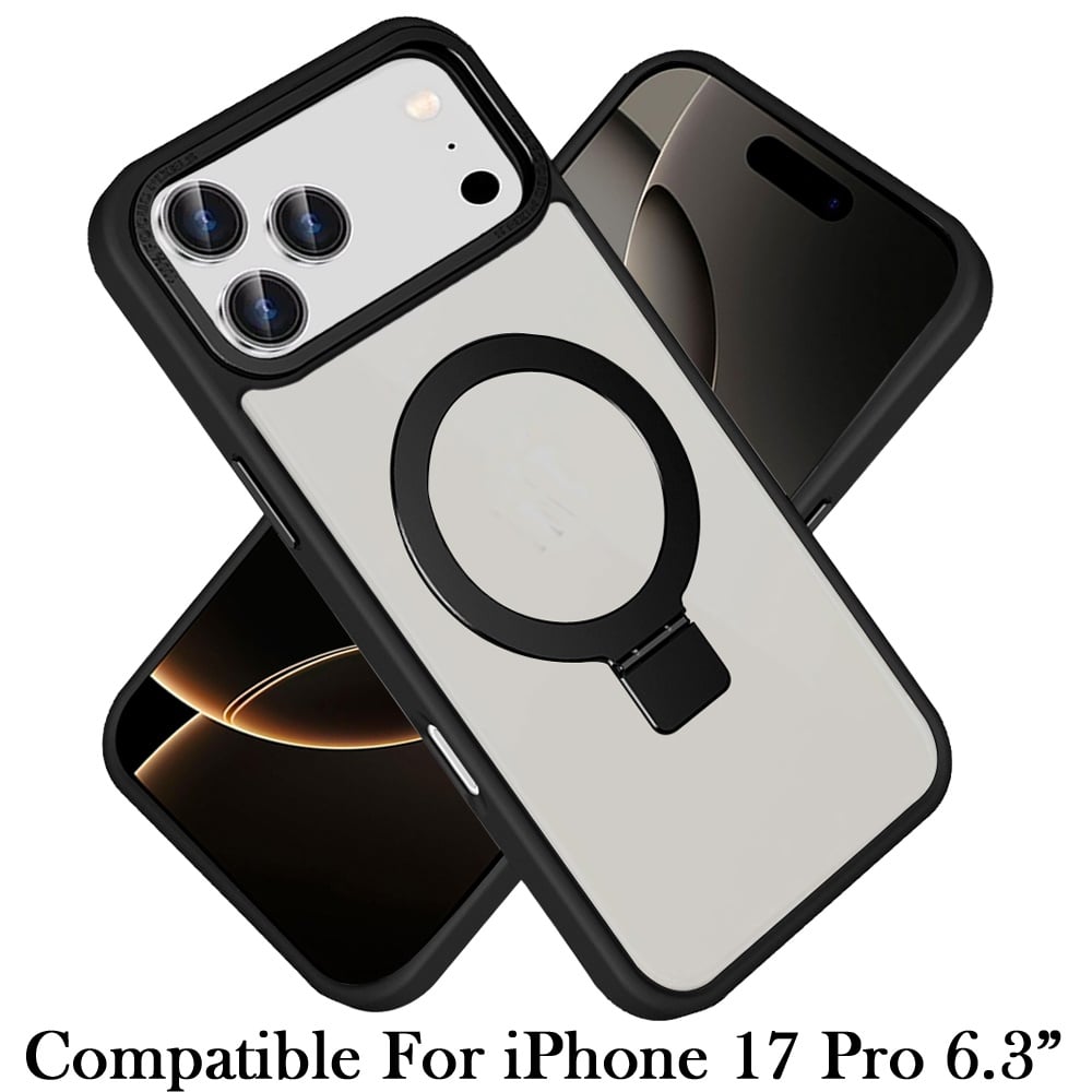 For Apple iPhone 17 Pro (6.3") Magnetic Metal Matte with Built-in MagSafe Stand, Hybrid Shockproof Armor, TPU Frame Case Cover Black